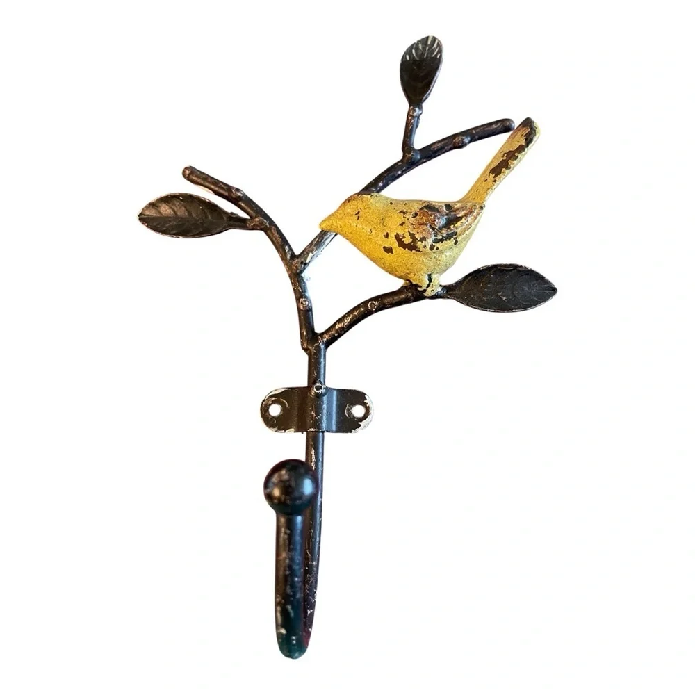 Distressed Metal Small Yellow Bird on Branch Wall Hook for Hanging Towel, etc.